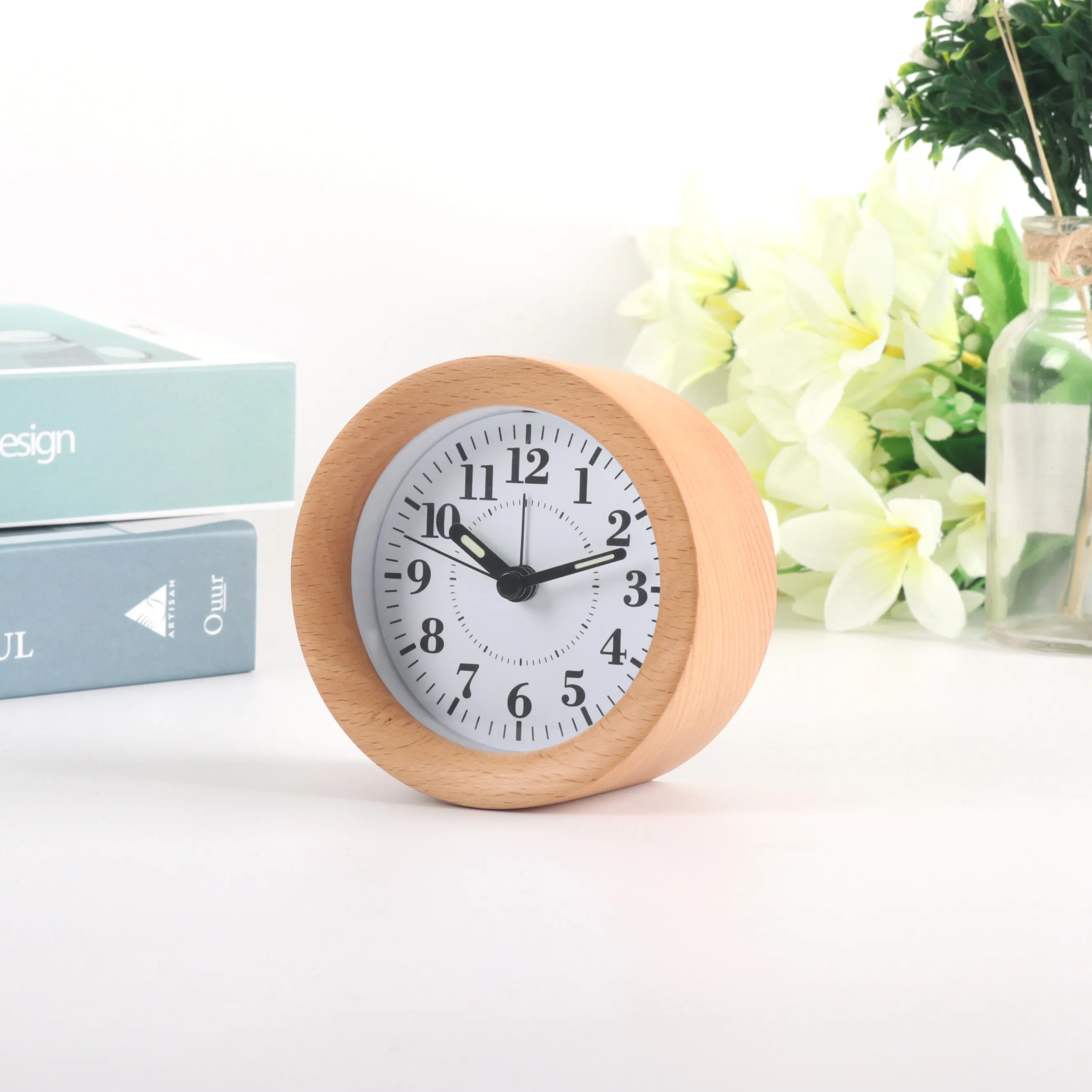 round shape snooze functional modern luminous desktop classic analog wooden alarm clock with night light