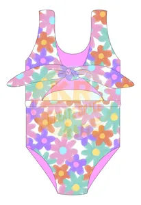 Conjunto de maiô com estampa fofa personalizada para meninas, roupas de praia para crianças, conjunto sem mangas com ombro de fora