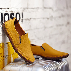 Mocassins en cuir véritable jaune, bout rond, à enfiler, semelle extérieure en caoutchouc respirant, semelle intermédiaire en EVA, chaussures décontractées toutes saisons - Product Image 1