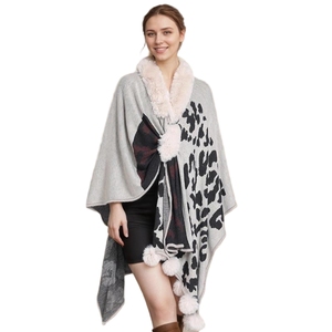 Cárdigan de punto jacquard informal para mujer con cuello de piel sintética y bonitos pompones, ideal para fiestas, compras y galas. - Product Image 5