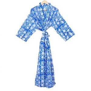 Cómodo Kimono de Algodón 100% con Estampado Floral Azul para Mujer, Cuello en V, Cierre con Cordón, Manga Larga, Suave y de Secado Rápido para Primavera - Product Image 2