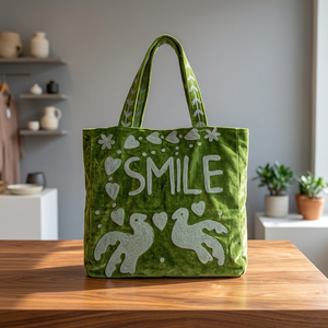 กระเป๋าโท้ทกำมะหยี่สีเขียวสั่งทำขายส่ง พร้อมลายปักอักษร SMILE สีเงิน รูปหัวนกพิราบ หัวใจ และลายดอกไม้ - Product Image 5