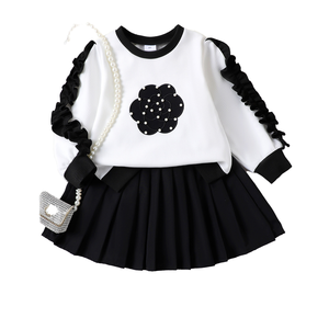 Set Elsali per Bambine: <span class=keywords><strong>Felpa</strong></span> <span class=keywords><strong>Bianca</strong></span> a Maniche Lunghe e Gonna Nera, 4-7 Anni, Primavera/Autunno, Traspirante in Poliestere/Cotone - Product Image 1