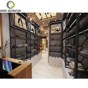 Design d'intérieur de boutique de vêtements pour hommes de luxe, armoire de présentation de vêtements de haute qualité avec sacs à vêtements en métal, armoire de présentation à panneaux rainurés - Product Image 3