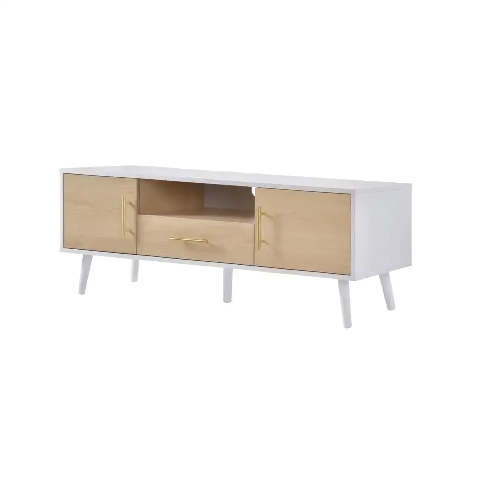 Moderne Tv Stand Simia Media Console Tafel Met Opslag En Laden, Slaapkamer Woonkamer Entertainment Center, wit En Eiken