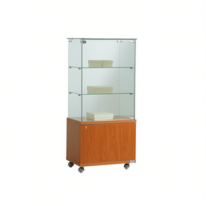 Vitrina moderna de cristal de 60x40x130cm con base de madera de cerezo, puerta con cerradura y ruedas, unidad de exhibición para sala de estar - Product Image 2