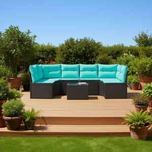 Set di divani da giardino moderni in polyrattan nero da 7 pezzi con cuscini, mobili da esterno, posti a sedere in stile contemporaneo per 7 persone - Product Image 2