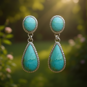 Orecchini Pendenti Vintage in Argento Tibetano con Turchese, Gioielli da Festa per Donna con Incastonatura a Goccia, Placcati in Argento Anticato - Product Image 2