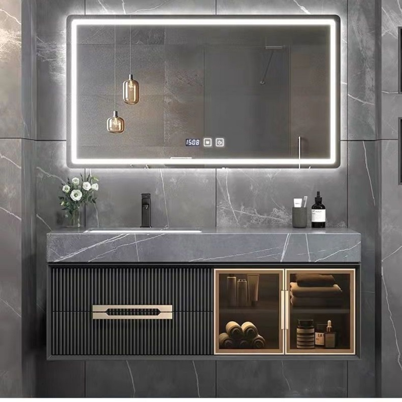 Vasque en grès + Miroir carré intelligent - 80 cm