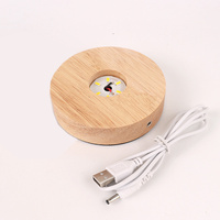 Lampes de nuit à base de bois en cristal 3D rechargeables, lampes de nuit LED sans fil rondes, base en bois LED, support de lampe de nuit LED