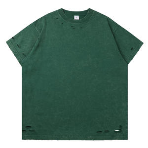 Camiseta de Hombre de Marca Streetwear, Desgastada y Rota, 300g, Algodón Puro, Corte Holgado, Diseño Liso, Lavada, Manga Corta - Product Image 1