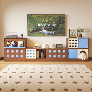 Meuble TV en bois massif de style vintage, unité de rangement multifonctionnelle trois en un pour le salon, décoration de la maison - Product Image 1