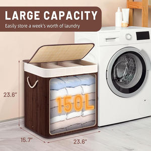 Panier à linge pliable en bambou avec couvercle à clipser et poignées pour la buanderie, la chambre et la salle de bain - Product Image 1