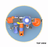 Équipement de jeu extérieur robuste pour enfants sur le thème de l'espace : Fusée, Toboggan droit violet, Toboggan tubulaire fermé, Toboggan spirale orange, Robot Sign