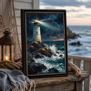 Quadro su Tela con Faro e Oceano Tempestato, Cornice Nera Ornata per <span class=keywords><strong>Soggiorno</strong></span>, Camera da Letto, Ufficio, OEM ODM - Product Image 1
