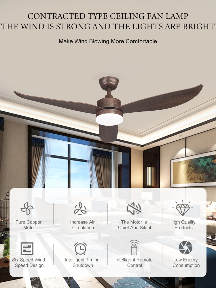 52 inch led light with fan lamp ventilador techo Remote ceiling fan for bedroom 3 blades Wood grain color 24W led