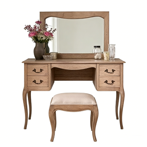 French Vintage Weathered Oak <strong>Vanity</strong> Set with Mirror &amp; <strong>Stool</strong> - Product Image 1