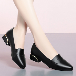 Factory Wholesale Black Leather Pumps - Pointed Toe Block Heel Office Daily Women's Shoes - Product Image 3