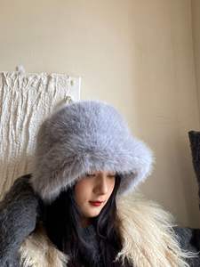 여성용 겨울 퍼 버킷햇 무지 퍼리 화이트 블루 핑크 버킷햇 겨울 방한 피셔맨 모자 - Product Image 5