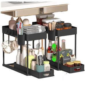 Organizzatore scorrevole a 2 livelli per armadietto, salvaspazio, scaffale da cucina per piano di lavoro, porta piatti e spezie in <span class=keywords><strong>plastica</strong></span>, ripiano portaoggetti per armadio - Product Image 1