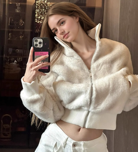 Nuova Moda: Giacca Corta da <span class=keywords><strong>Donna</strong></span> in Finta <span class=keywords><strong>Pelliccia</strong></span> di Visone Ecologica, <span class=keywords><strong>Collo</strong></span> Alto con Zip, Vendita Calda - Product Image 2