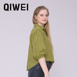 Blus dan atasan kemeja kotak-kotak warna kuning, baju wanita musim panas kancing hitam - Product Image 2