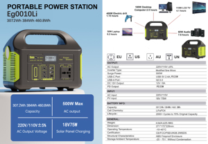 สถานีไฟฟ้าพกพา 500W, เครื่องกำเนิดพลังงานแสงอาทิตย์ (ตัวเลือกพลังงานแสงอาทิตย์), สำหรับสำรองไฟบ้าน, กรณีฉุกเฉินทางอากาศ, กิจกรรมกลางแจ้ง, ฯลฯ รุ่น EG010 - Product Image 1