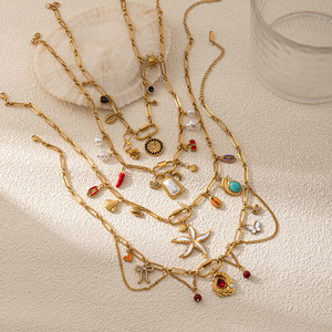 Collar de Playa de Acero Inoxidable HB591 con Colgante de Estrella de Mar, Concha y Perla, Cadena Impermeable con Dijes de Corazón y Mariposa - Product Image 2