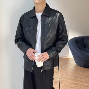 Blouson Bomber Homme en Similicuir PU et Polyester Lavé de Qualité Supérieure, Style Moto Cargo Décontracté, Coupe Boxy, avec Fermeture Éclair, Col Montant à Lettres, Printemps - Product Image 2