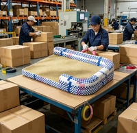 Tapis rafraîchissant portable pour animaux de compagnie à motif à carreaux bleu rose, avec double rehausseur de cou aux coins, poignée de transport rose intégrée et surface en rotin tressé naturel