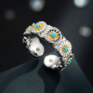 Two Tone Gold Daisy Blue Turquoise Open Ring Adjustable Women's Index Finger Ring Retro Style Exquisite Jewelry - Product Image 1