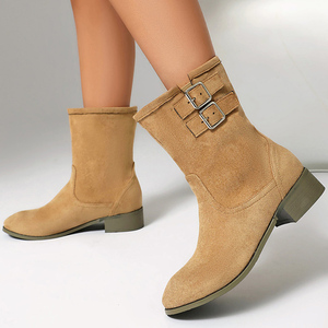 Large Size 48 <b>Round</b> <b>Toe</b> Women's Top Buckles Short Boots Low Chunky <b>Heels</b> Ankle Booties Wide Fit Suede Shoes - Product Image 4