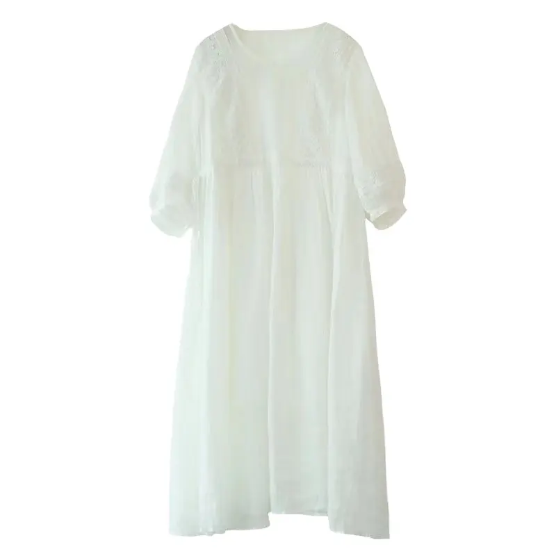ramie maxilla robe V-neck, short-sleeved lace cotton linen dress linen cotton smock mini dress