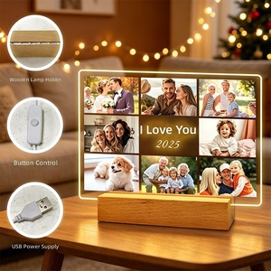 Lampe de table LED personnalisée en acrylique avec cadre <span class=keywords><strong>photo</strong></span>, lumière chaude, chargement USB, base en bois massif pour la décoration intérieure – Fournisseur d'usine - Product Image 2