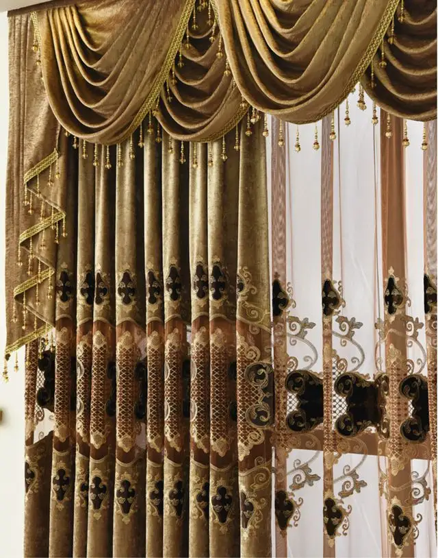 Luxury gold curtains with valance european style for living room curtains luxury blackout window