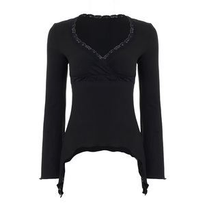 Blusa Casual de Mujer con Detalle de Encaje, Manga Larga, Cuello en V, Manga Campana Asimétrica, Tejido Negro, Ecológica, Transpirable, Primavera Verano - Product Image 6