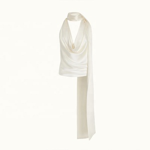 Hauts pour femmes 100% <span class=keywords><strong>soie</strong></span> col bénitier haut à licou la coupe flatteuse de l'épaule décolleté col bénitier profond mode <span class=keywords><strong>blanc</strong></span> beige hauts blouse - Product Image 5
