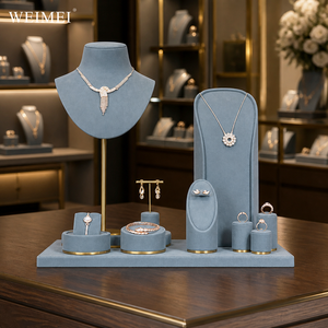 WEIMEI Ensemble de présentoirs à bijoux en velours gris personnalisé avec base dorée, pour colliers, boucles d'oreilles et bagues, support de luxe pour bijoux - Product Image 1