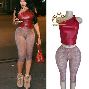 Sexy Damen Zweiteiler Set aus PU-Leder, Dehnbares Crop Top und Hose, Sexy Club Zweiteiler Set, Freizeit Damenoutfit 2026 - Product Image 1