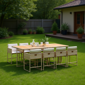 Ensemble de salle à manger de jardin beige 8 places, mobilier d'extérieur contemporain, structure en métal résistant aux intempéries, table en bois - Product Image 2