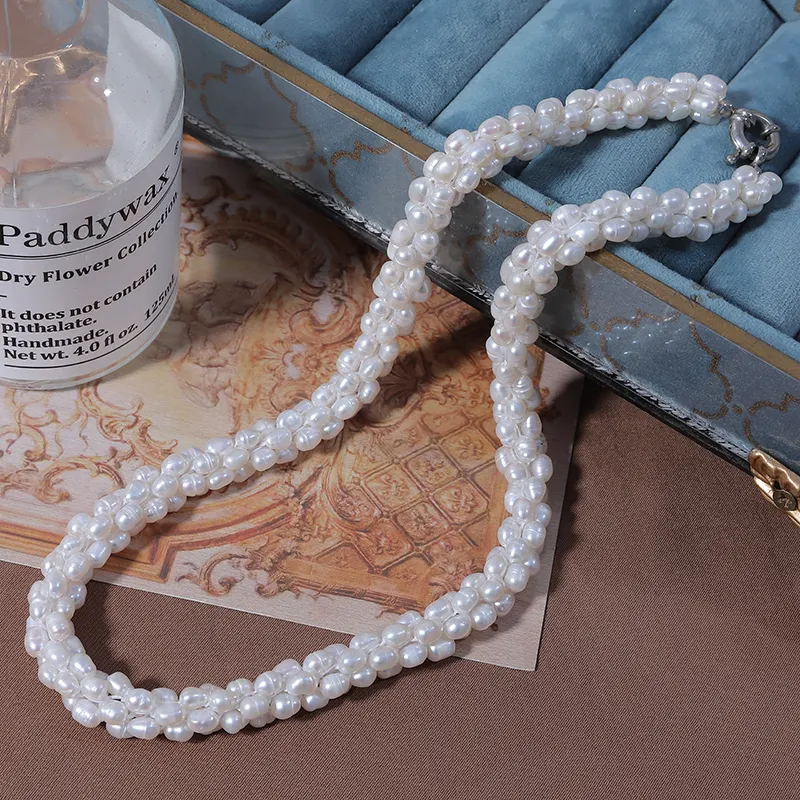 Collar de perlas reales de alta calidad, agua dulce blanca, collar tejido a mano de perlas naturales cultivadas genuinas de agua dulce
