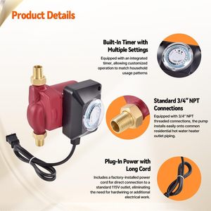 ปั๊มน้ำหมุนเวียน Talspity 115V 1/25HP สีแดง สำหรับน้ำร้อน พร้อมตัวตั้งเวลา สำหรับอะไหล่เครื่องทำน้ำอุ่น - Product Image 4