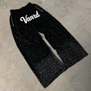 Custom Heavy Cotton <strong>Mens</strong> Track <strong>Pants</strong> Man Straight Wide Leg Stacked Jogger Acid Wash Sun Faded Baggy Rhinestone Sweatpants - Product Image 3