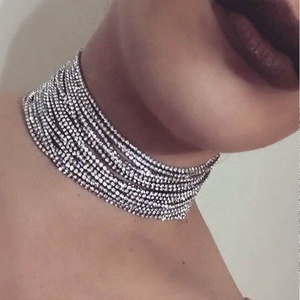 MoyaMiya Luxury Vintage Women's <strong>Chunky</strong> Choker <strong>Necklace</strong> Multilayer Shiny Rhinestone with Link Chain Trendy <strong>Silver</strong> Gold <strong>Necklace</strong> - Product Image 2