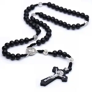 Rosary Catholic Necklace Handmade Black Wooden Beads Cross Jesus and Virgin Mary Christina Long Necklace Religious Faith Jewelry