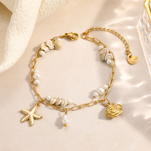 Bracelet à double chaîne sur le thème de l'océan, coquillages, pendentif étoile de mer plaqué or 18 carats, style bohème, bijoux de plage - Product Image 4