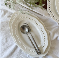 Set Perlengkapan Makan Keramik Putih Bergaya Victoria Prancis dengan Renda Berlubang, Termasuk Piring Dessert, Mangkuk Sup, Piring Makan, Cangkir, dan Tatakan