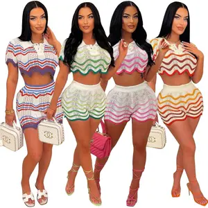 Share In Stock Streep Dames Zomerkleding Vrouwen Manueel Gebreide Crop Top Shorts Tweedelige Set