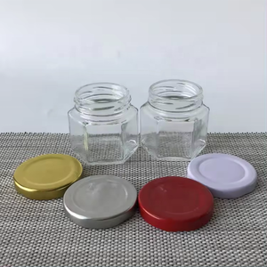Commercio all'ingrosso largo largo bocca piccolo vetro esagonale bottiglia di miele metallo stagno di vetro caviale nero vaso da Dessert - Product Image 5