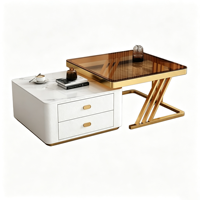 Juego de Mesa de Centro Retráctil Moderna y Lujosa, Soporte para TV, Mesas Nido de Piedra Sinterizada con Vidrio Tintado, 2 Cajones, Base de Metal, Estilo Italiano